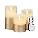 FLAMELESS Candles Battery Operated LED Flickering Flame with Remote & Timer | Amazing Realistic Dancing Flame | Real Wax Gold Trim | Set of 3 (Size 4”5”6”) | Beautiful Gift Idea for Women and Men