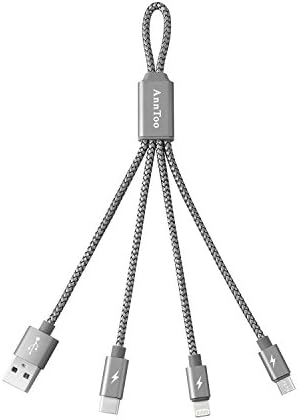 AnnToo Multi USB Charger Multi USB Cable 0.6 FT 3 in 1 Nylon Braided Multiple USB Charging Cables for iPhone iPad Android etc Smartphones with Type C Connector - Gray [Only Charging]
