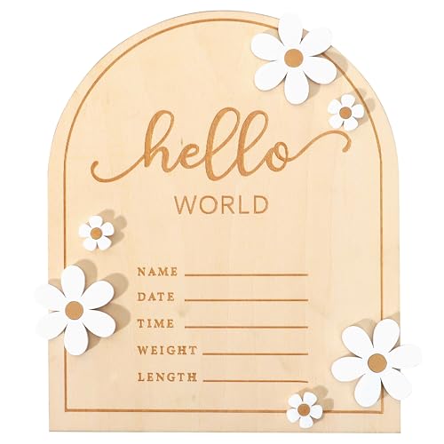 Wooden Hello World for Baby Showers - Newborn Birth Announcement Board,Daisy Wooden Baby Milestone Card,Welcome Baby Shower Gifts,Hello World Hospital Nursery Information Record Board (Hello World)