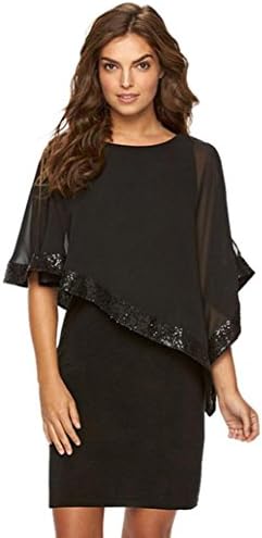 CuteIdea Women Slit Sleeve 3/4 Flare Sleeve Chiffon Mesh Bodycon Cocktail Party Sequins Sheath Overlay Dress (XL, Black)