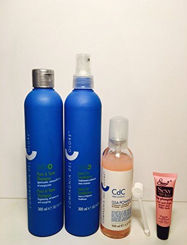Compagnia Del Colore 000 Pure & Tonic Shampoo 300 Ml, 02A Power up Revitalizing Drops 3.37 Oz and 003 Leave-in Conditioner 10.14 Oz (Free Starry Sexy Kiss Lip Plumping 10 Ml)