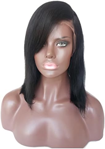NiceToBuy Glueless Silky Straight Bob Lace Front Wig with Side Bangs Brazilian Virgin Human Hair Wigs for Women #1b Natural Black Color 10inch