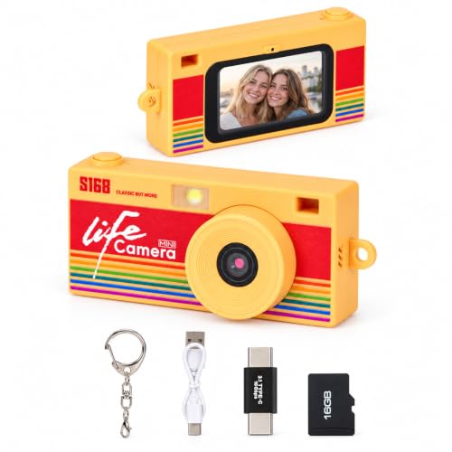 Mini Keychain Digital Camera, Yellow Y2K Retro Pocket Camera with 1.47 Inch Screen, 1440P Video, 2MP Photos, 16GB Card, Flash, Type C, Tiny Vintage Camera at Amazon