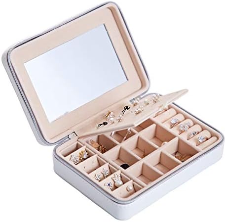 Longess Jewelry Box Organizer Faux Leather Jewelry Case Various Compartments with Mirror for Rings Earrings Necklace Bracelets Birthday Gifts for Girls Women (White)