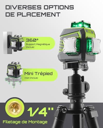 LasGoo 3x360° Self Leveling Laser Level, Green Cross Line Laser for Building and Hanging Photos, Rechargeable Battery, Remote Control, Magnetic Rotary Bracket Included - LG-3Dx