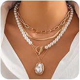Chargances Boho Layered Baroque Pearl OT Clasp Necklace Vintage Paperclip Pearl Chain Choker Stacking Snake Bone Chain Retro Necklace for Women