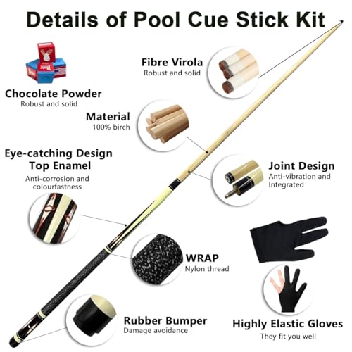 2Pcs Billiard Pool Cue Sticks, Linen Billiard Cue Hardwood Billiard Stick Pool Cue Set with Wrap 4 Pool Chalks 2 Gloves, Table Pool Stick for Beginner Professional Billiard Player House Bar Commercial