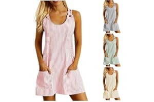 AGWOLF Womens Striped Print Straps Dress Scoop Neck Button Summer Mini Pockets Dresses Boho Beach Tank Sleeveless Sundresses