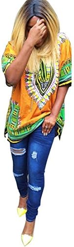 Women Traditional African Print Dashiki Beach Party Dress (L, Yellow)