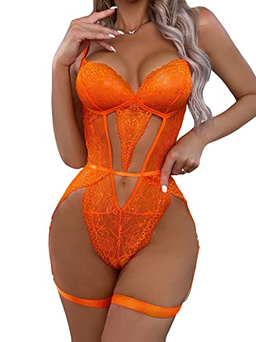 WDIRARA Women's 3 Piece Sets Floral Lace Cut Out Spaghetti Strap V Neck Underwire Garter Teddy Lingerie Set