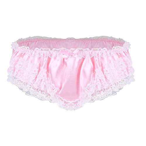 ACSUSS Mens Lingerie Soft Shiny Satin Ruffled Frilly Lace Bikini Briefs Underwear Pink X-Large
