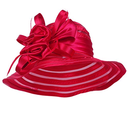 Women's Big Floral Fascinators Kentucky Derby Church Floppy Wide Brim Cloche Bowler Bucket Hat (Red)