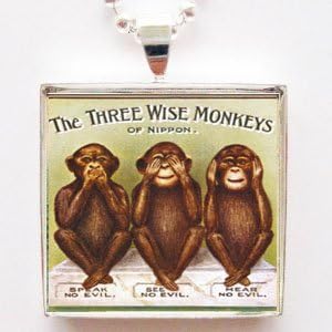 The Three Wise Monkeys Print Art Glass Tile Pendant Necklace with Chain