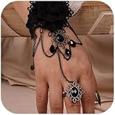 Missgrace Vintage Black Lace Bracelet with Ring Bangle Bracelet Gothic Halloween Black Crystal Charm Steampunk Lace Black Chain Flower Tassel Bracelet Rings for Women