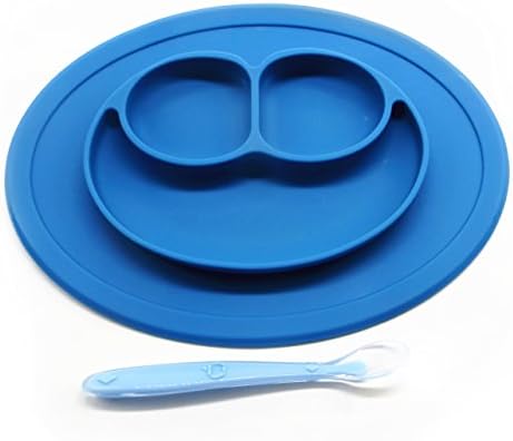 Silidish Mini - 100% Silicone Feeding Dish + Placemat and Spoon for Infants, Toddlers or Kids, Strong Table Suction, Dishwasher and Microwave Safe, BPA Free (Blue)