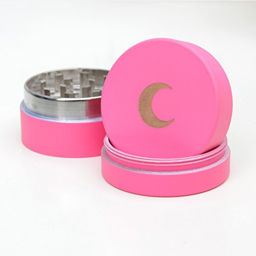 Small Matte Pink Spice Herb Grinder (1.5 inch) Gold Moon Engraving with Pollen Catcher and Scraper Magnetic Seal Perfect for Purse, Pouch or Small Bag