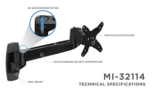 Mount-It! MI-32114 Articulating Rotating and Tilting Single Arm Wall Mount with Quick Release Action for Vesa Compliant 75x75 mm and 100x100 mm Computer Monitors, LCDs, LEDs, and Flat Panel TV Displays Below 30 Inches, Black - Thumbnail 5