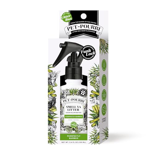 PET-POURRI SMELL YA LITTER CAT LITTER DEODORIZER SPRAY, PURRFECTLY BAMBOO 3.4 FL OZ, UP TO 170 USES, PET ODOR REMOVER WITH ESSENTIAL OILS FOR AIR, CARPET, URINE, VET RECOMMENDED, BERGAMOT BAMBOO SCENT