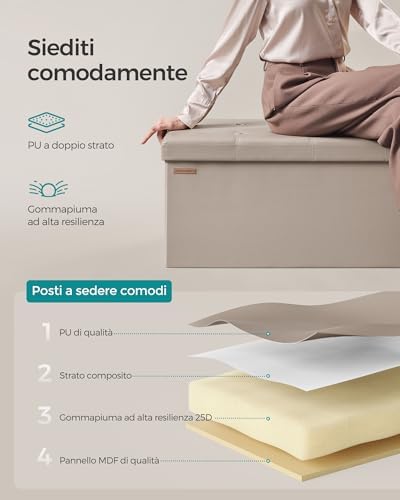 Cassapanca, Pouf Contenitore, Poggiapiedi Pieghevole da 38 x 110 x 38 cm, Ottomano, Regge fino a 300 kg, per Soggiorno, Camera da Letto, Entrata, Marrone Cammello LSF070K03