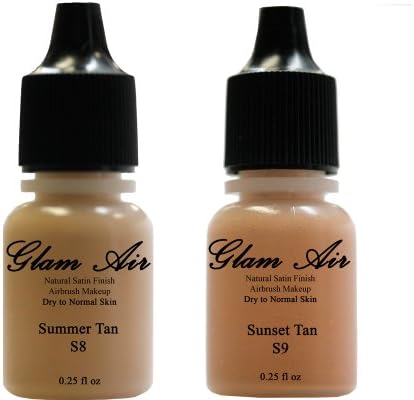 Two(2) Glam Air Airbrush Foundation Makeup S8 Summer Tan & S9 Sunset Tan in Satin Finish 0.25oz Bottles(normal to Dry Skin)