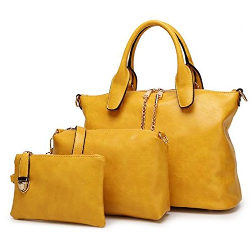 di grazia women's 3 in 1 combo of handbag satchel, sling bag & wrist pouch(yellow-leather-3in1-handbag,yellow)