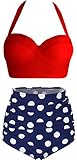 Amourri Womens Retro Vintage Polka Underwire High Waisted Swimsuit Bathing Suits Bikini,Red+blue,US 4-6=Tag Size M
