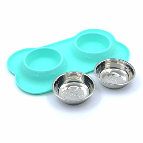 Super Design Double Bowl Pet Feeder Stainless Steel Food Water Bowls with No Spill Silicone Mat for Dogs Cats, Medium, Light Green - Thumbnail 4