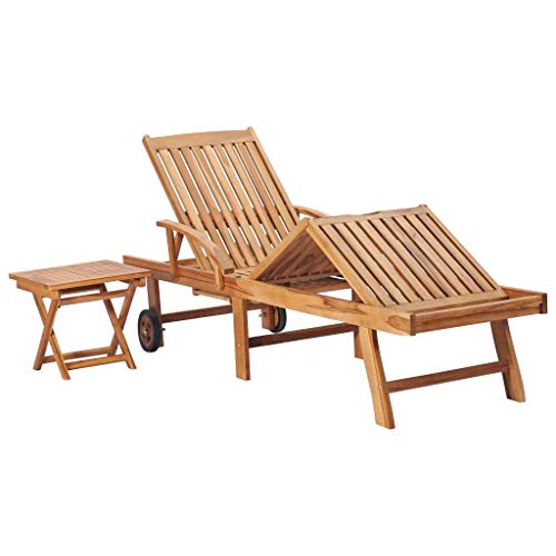 vidaXL Teak Massiv Sonnenliege mit ausziehbarem Tisch Beistelltisch Gartenliege Holzliege Liegestuhl Relaxliege Strandliege Liege Gartenmöbel – Bild 3