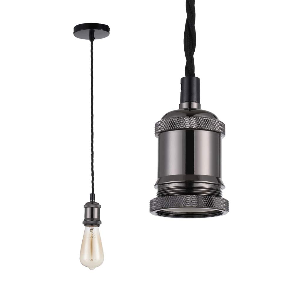 HUIBONA Vintage Retro Ceiling Pendant Light Fitting, 1.5M Twisted Braided Fle,E27 Lamp Holder Suspended Pendant Light Fitting Kit Pearl Black