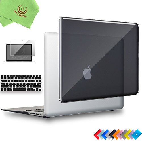 UESWILL 3in1 Glossy Crystal Clear See Through Hard Shell Case Cover for MacBook Air 13" (Model: A1466/A1369) + Keyboard Cover and Screen Protector + Microfibre Cleaning Cloth, Black