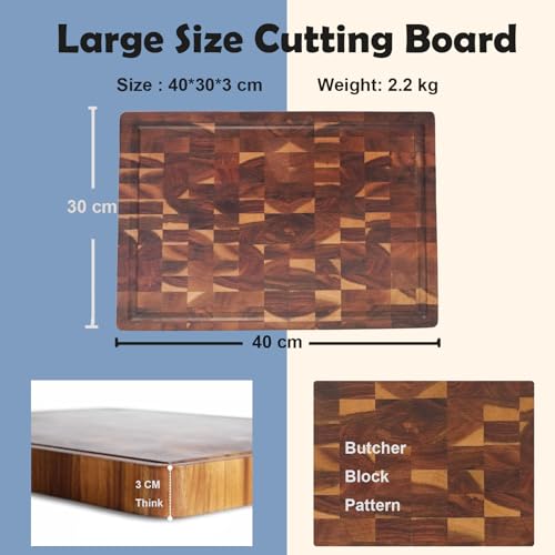 Tabla para picar cocina de madera 40 × 30 × 3 cm, con canal para jugos y asa, ideal para carne, verduras y frutas, diseño a cuadros, madera natural y dura, fácil de limpiar