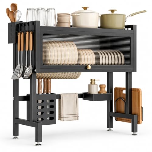 Laruno Escorredor de Louça Suspenso 75cm Preto Organizador de Pia Cozinha com Porta Pratos, Copos, Talheres, Utensílios e Escova de Limpeza