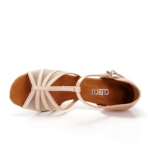 CLEECLI Women's Ballroom Dance Shoes Latin Salsa Dance Shoes T-Strap Sandals 2.5" Heel ZB01(10,Nude)
