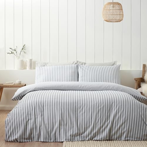 Catherine Lansfield Brushed Cotton Stripe Reversible Single Duvet Cover Set with Pillowcase Silver Grey