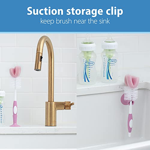 Dr. Brown's Reusable Sponge Baby Bottle Cleaning Brush with Suction Cup Stand, Scrubber and Nipple Cleaner, Pink 1-Pack