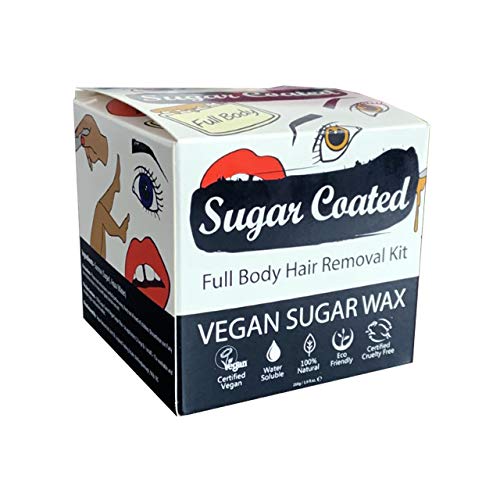 Sugar Coated Organic Full Body Hair Removal Sugar Wax Kit, Gentle & Non-Damaging Waxing Kit with Strips, At-Home Waxing for All Skin Types, Naturally Scented Leg, Face & Bikini Wax 0.55 lbs