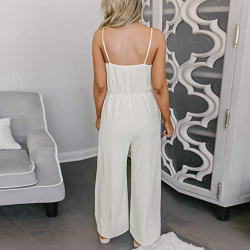 Women's Casual Jumpsuit Romper, Knot Front Spaghetti Strap Sleeveless Wide Leg Long Pant Playsuit White