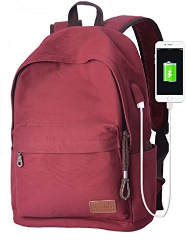 Upoalker Canvas Backpack with USB Charging Port for School Bookbag Travel Rucksack for Fits up to 15.6 inch Laptop Bag (Burgundy)
