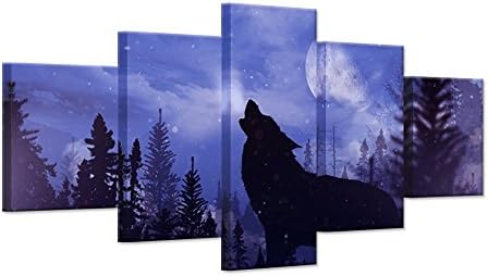 Hello Artwork 5 Panel Wall Art Giclee Print Black Wolf Howl In Moon Night Around The Forest Picture Print On Canvas Animal Pictures For Home Decor Ready To Hang