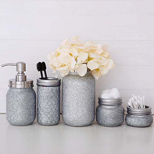 Quotidian Glitter Mason Jar Bathroom Set 5 Piece with Soap Dispenser,Flower Vase, Toothbrush Holder for Wedding House Decor Countertop and Vanity Organizer Bathroom Accessory Sets (Silver)