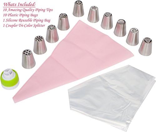 Elite Piping Tips By Confectioners Corner – Professional &amp; Durable Stainless Steel Icing Nozzles, Reusable &amp; Easy To Clean Cupcake, Cake &amp; Buttercream Decorating Set, 22pcs/Set + Pastry Bags