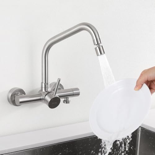 ONECE Wall Mounted Kitchen Tap with 2 Modes, with Dishwasher/Washing Machine Interface 3/4 Inch Wall Mixer Tap with Rotating Nozzle, 360° Swivel Taps, Stainless Steel 304, Removable Aerator
