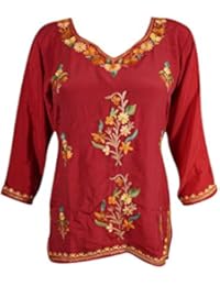 Womens Indian Tunic Top Kashmiri Floral Embroidered Silk Boho Ethnic Shirt Blouse