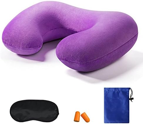 BEINY Velvet Material Inflatable Travel Pillow - Head, Chin, Neck Support, Portable Neck Pillow for Air, Car & Train Travel, Home Use & Camping, Hiking Plus Earplugs, Eye Patch, Storage Bag (Purple)