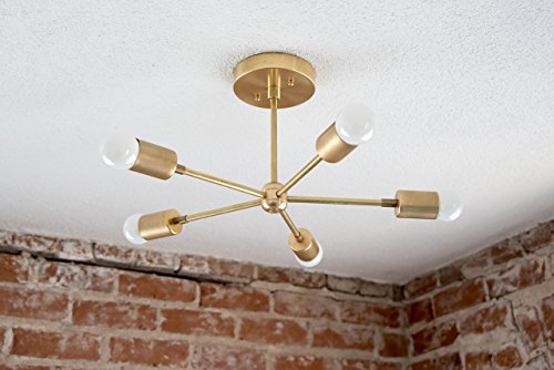 Handmade in U.S.A 5 Arm Brass Gold Sputnik Style Mid Century Modern Inspired Starburst Chandelier UL Listed