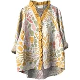 Women's Oversized V Neck Blouse 3/4 Sleeve with Irregular Hem, Floral and Pattern Print Loose Casual Shirt