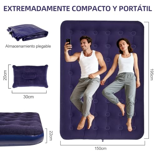 JZZB Colchon Inflables Matrimonial,79.92 * 59.84 * 9.84 Pulgadas Colchon Inflable Queen Size con 3 Almohadas y Bomba Dual Enchufe Auto Bolsa de Viaje,Cama de Aire para Viajes Camping Hogar (Azul)