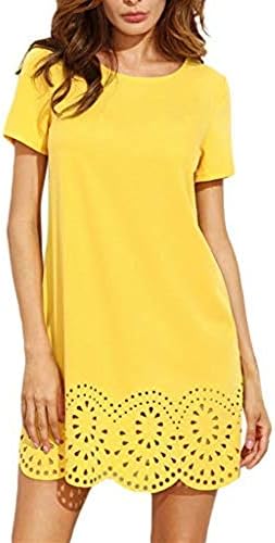WUYIMC Women's Solid Mini Dress Fashion Crew Neck Short Sleeve Hollow Shift Dress