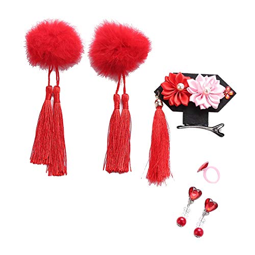 ESHOO Chinese Girls Hairclips Set Fluffy Ball Tassel Flower Hairpin Princess Cheongsam Costume Hair Accessories