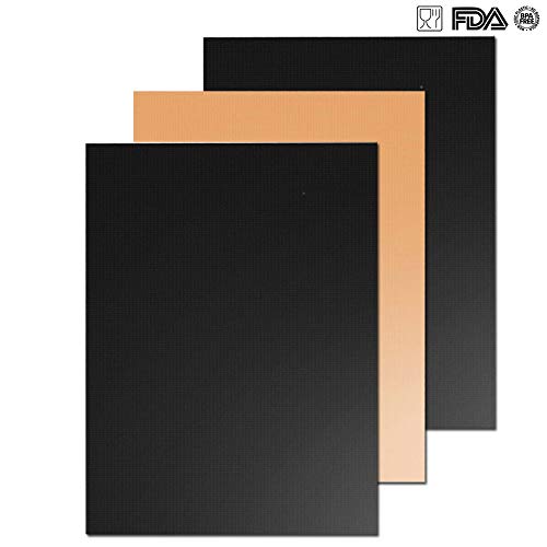 Grill Mat - Set of 3 Non-Stick BBQ Grilling & Baking Sheet - FDA Approved,Durable,Teflon,Reusable PTFE Coated Cooking Liner - Works on Gas,Charcoal,Electric Barbecue - 16.75''x13''(2 Black+1 Copper)